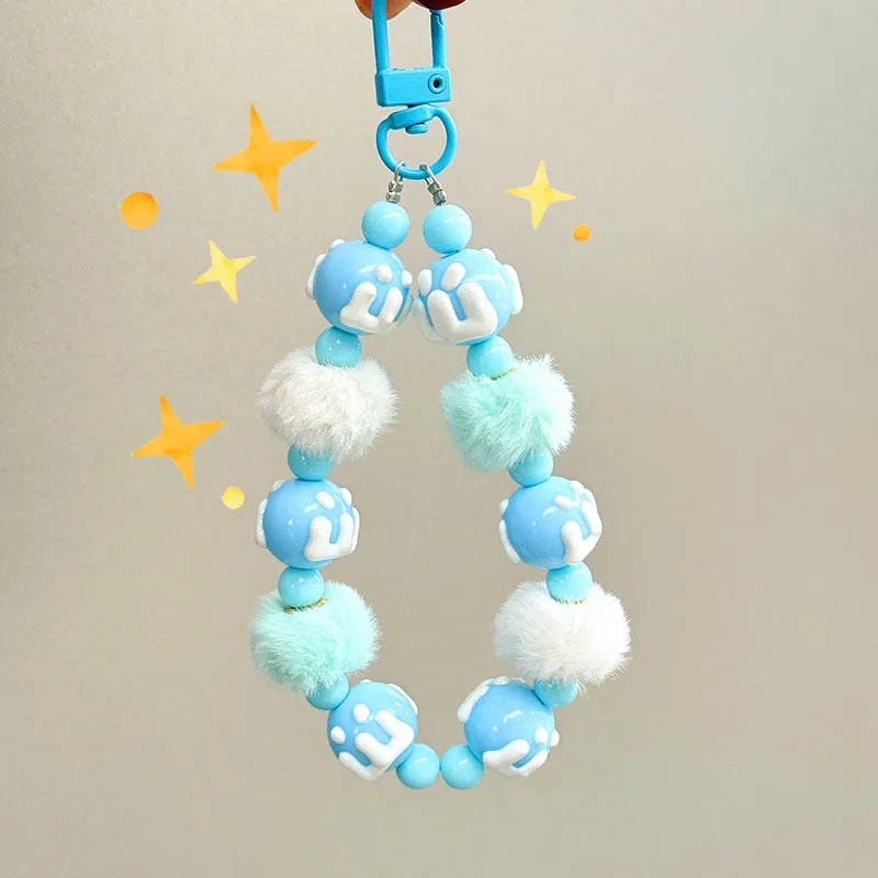 🐾 Fluffy Pom-Pom Beaded Keychain