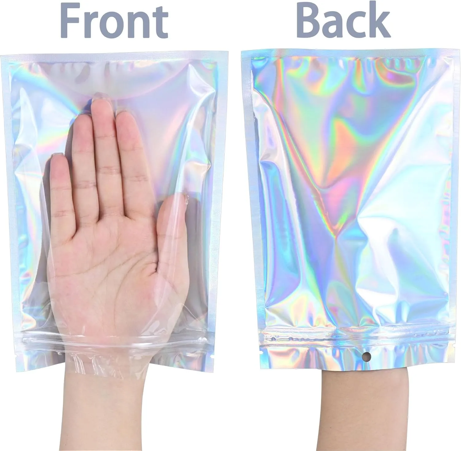 100 Pack Holographic Resealable Plastic Bags for Food Storage, Zipper Bags with Clear Front Window, Packaging Pouch for Small Business (100 Pack, 4.8x8 inch)
