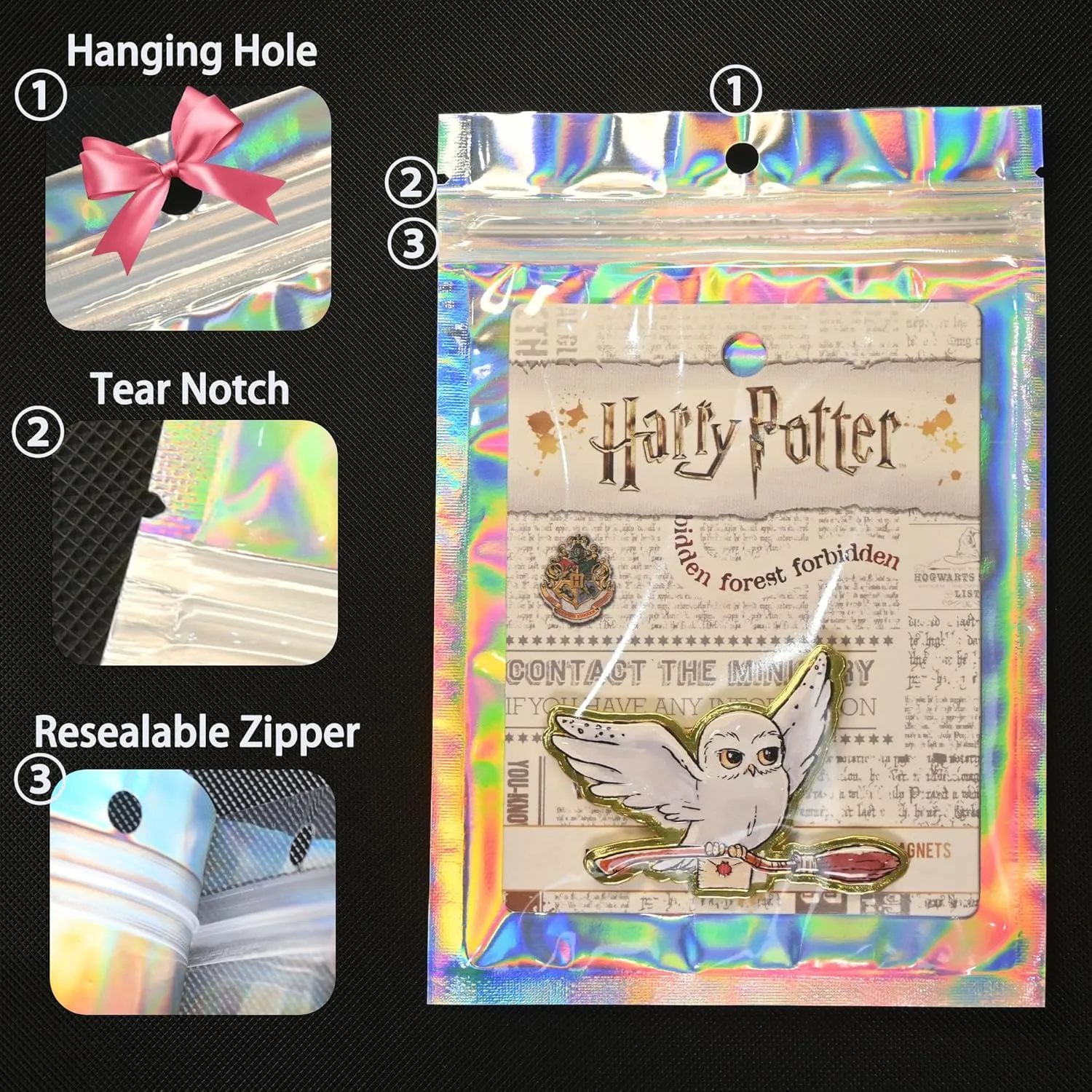 100 Pack Holographic Resealable Plastic Bags for Food Storage, Zipper Bags with Clear Front Window, Packaging Pouch for Small Business (100 Pack, 4.8x8 inch)