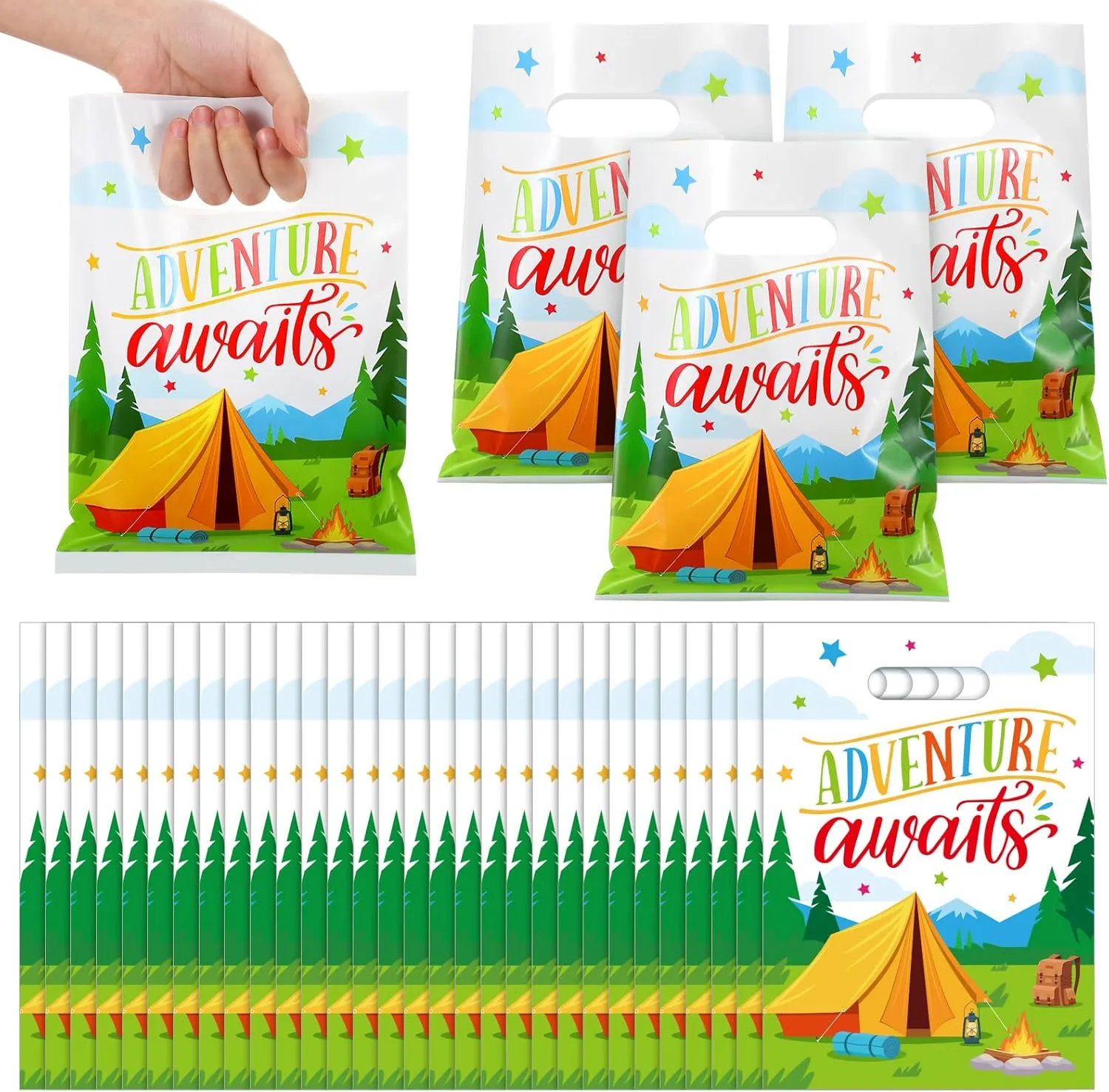 100 Pcs Camping Party Favor Bags Adventure Awaits Travel Goody Gifts Bags Plastic for Adventure Tour Camp Themed Birthday Party Supplies Decorations