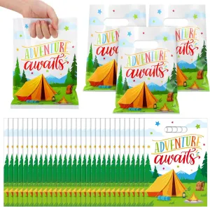 100 Pcs Camping Party Favor Bags Adventure Awaits Travel Goody Gifts Bags Plastic for Adventure Tour Camp Themed Birthday Party Supplies Decorations