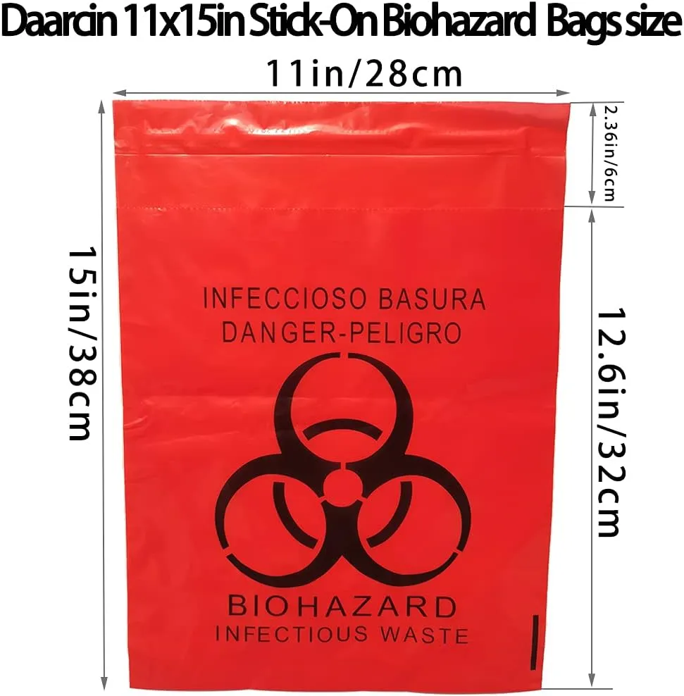 100pcs 11x15in/28x38cm Stick-On Biohazard Infectious Red Waste Bags (100pcs 11x15in/28x38cm)