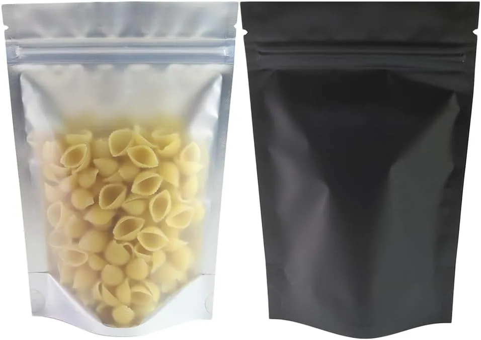 100pcs Frosted Clear Window Stand Up Colored Metallic Foil Resealable Zipper Seal Bags (Black, Standup | 10.5oz)