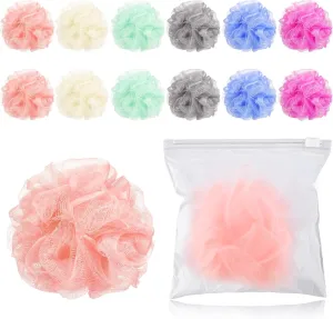 12 Pcs Travel Size Loofah Individually Wrapped, Small Shower Puff Bath Sponge Pouf Ball Bulk Mesh Bath Puff Mini Loofah Sponge with Case Bulk for Shower Care(Colorful)