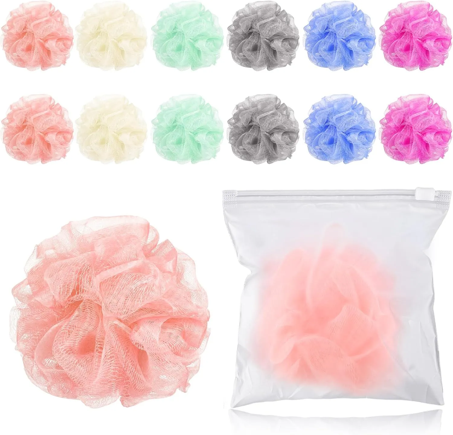 12 Pcs Travel Size Loofah Individually Wrapped, Small Shower Puff Bath Sponge Pouf Ball Bulk Mesh Bath Puff Mini Loofah Sponge with Case Bulk for Shower Care(Colorful)