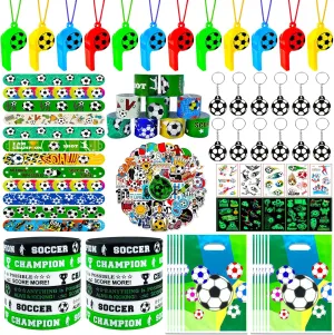 120Pcs Soccer Party Favors, Soccer Birthday Party Supplies with Whistle Stickers Slap Bracelet Key Chains and Soccer Goodie Bags for Soccer Party Decorations