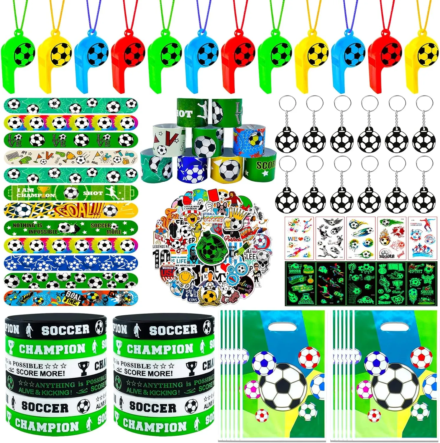 120Pcs Soccer Party Favors, Soccer Birthday Party Supplies with Whistle Stickers Slap Bracelet Key Chains and Soccer Goodie Bags for Soccer Party Decorations