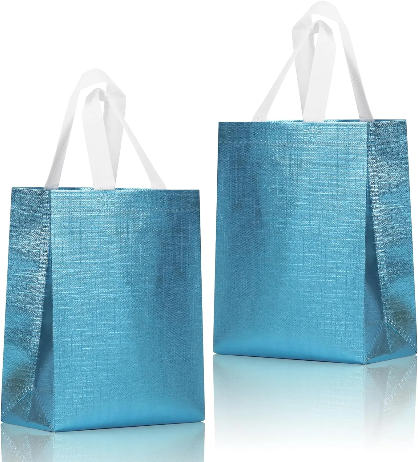 16 Pcs Metallic Bling Blue Gift Bags Bulk with Cardboard Bases, Glossy Small Reusable Party Bags for Birthday, Wedding, Christmas, Parties- 10.2x3.9x8.3 In