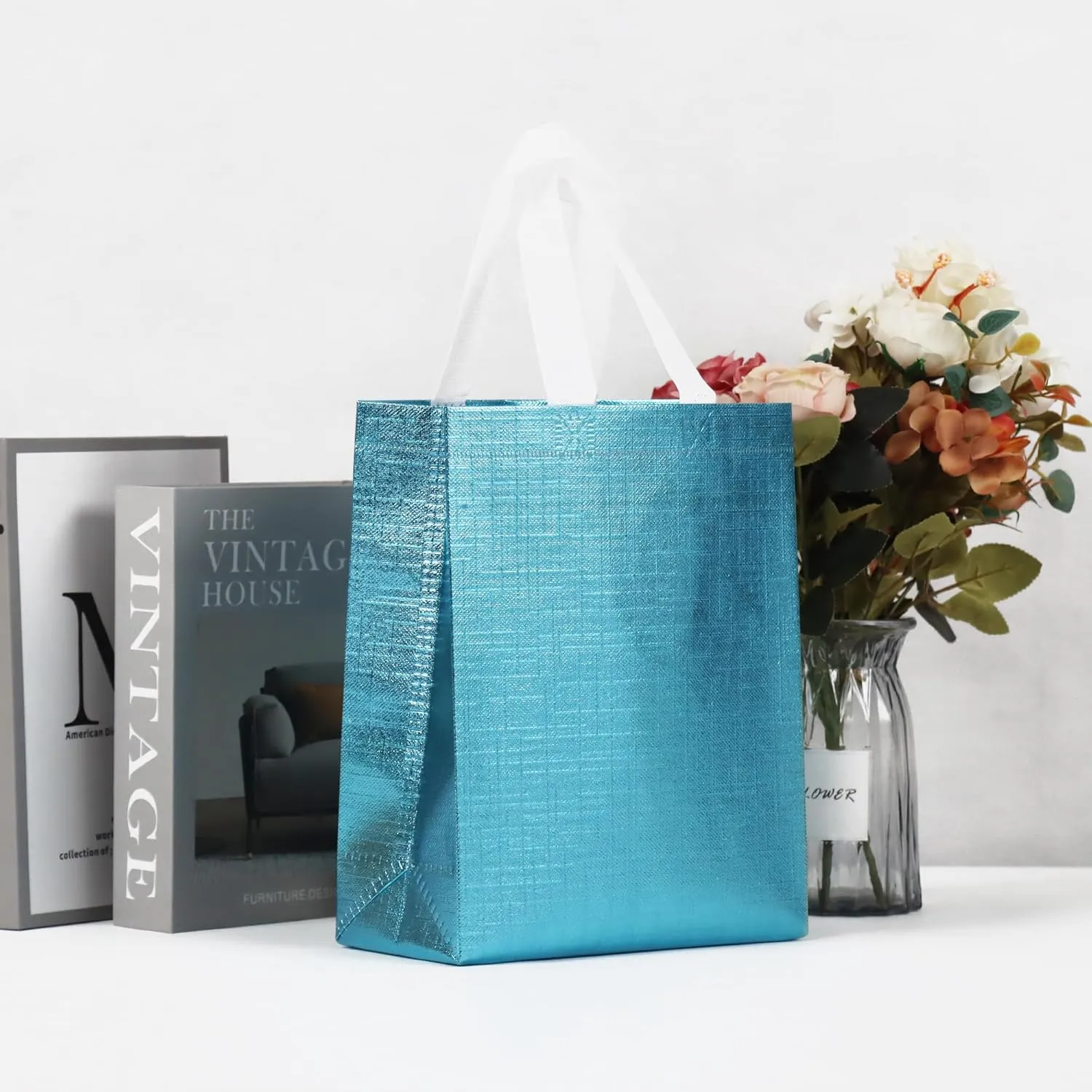 16 Pcs Metallic Bling Blue Gift Bags Bulk with Cardboard Bases, Glossy Small Reusable Party Bags for Birthday, Wedding, Christmas, Parties- 10.2x3.9x8.3 In