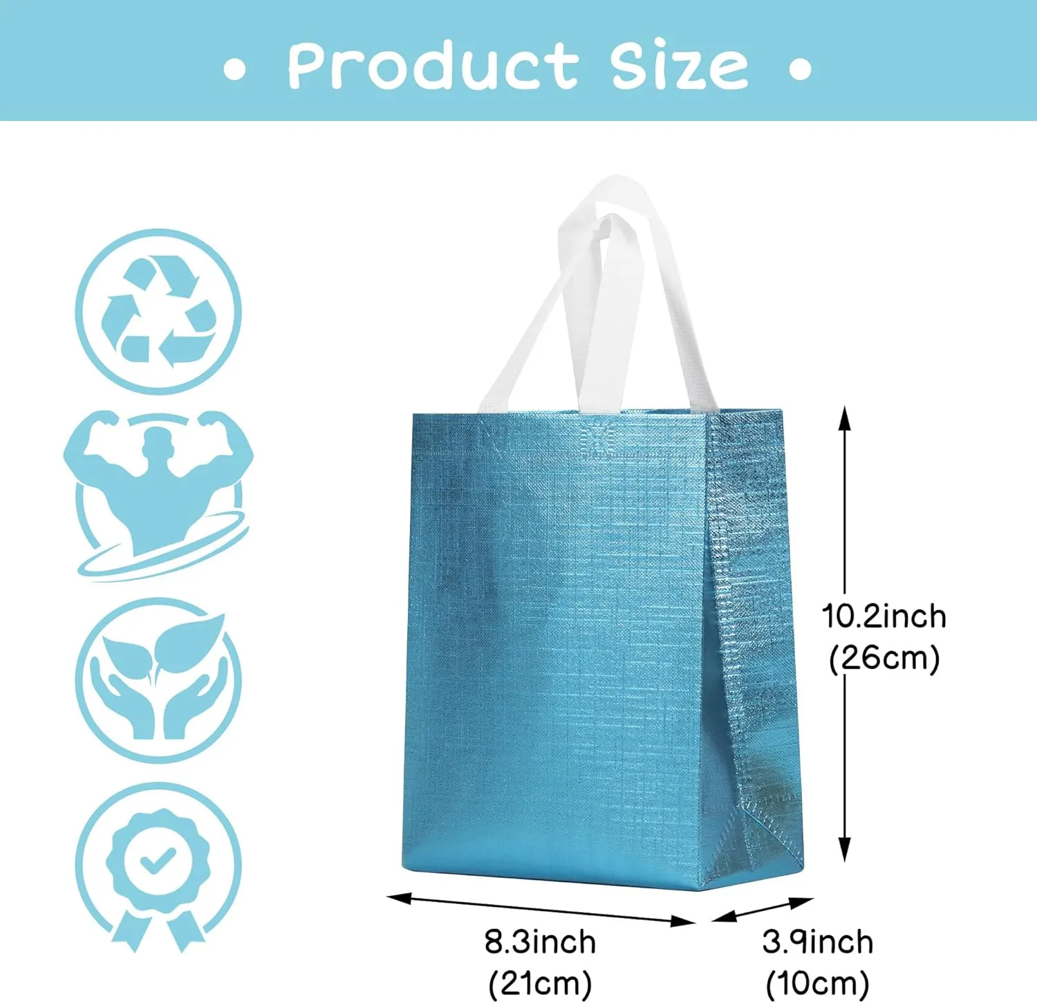 16 Pcs Metallic Bling Blue Gift Bags Bulk with Cardboard Bases, Glossy Small Reusable Party Bags for Birthday, Wedding, Christmas, Parties- 10.2x3.9x8.3 In