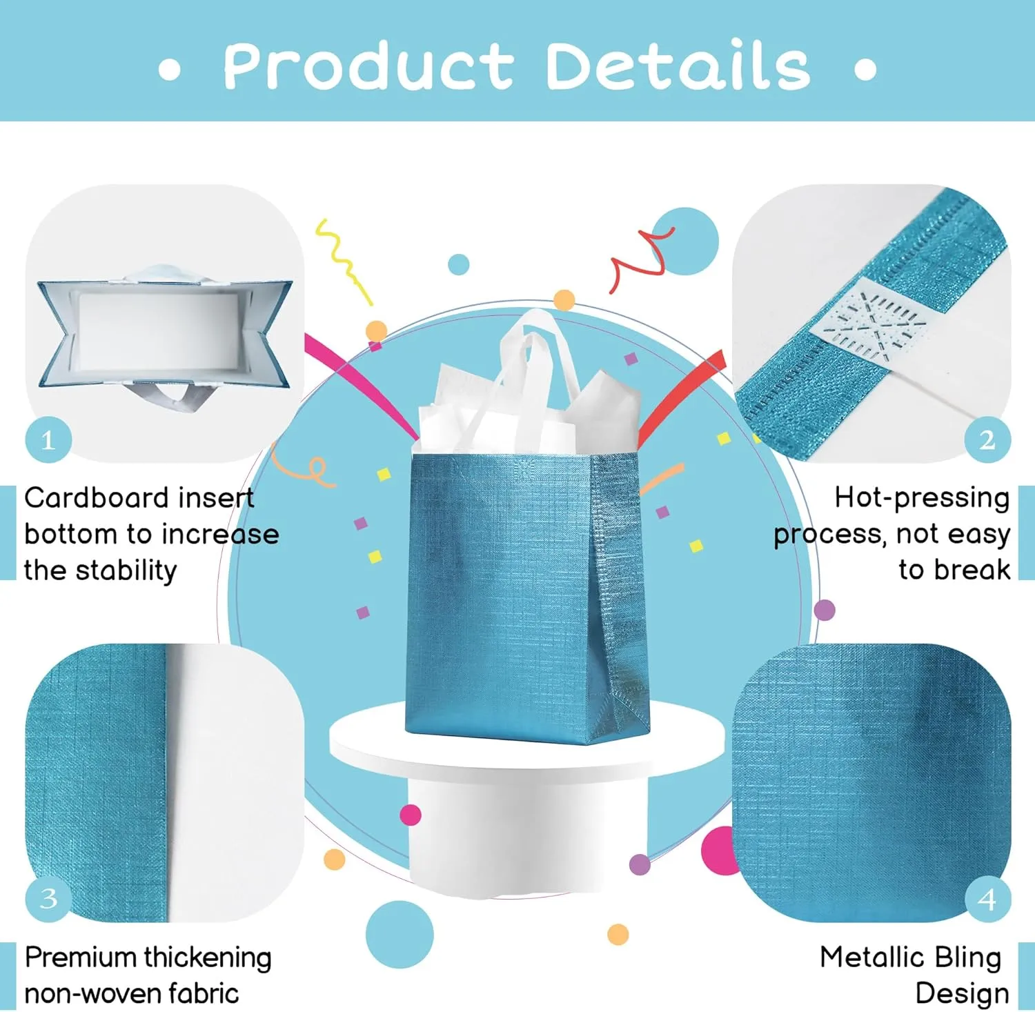 16 Pcs Metallic Bling Blue Gift Bags Bulk with Cardboard Bases, Glossy Small Reusable Party Bags for Birthday, Wedding, Christmas, Parties- 10.2x3.9x8.3 In