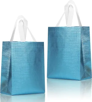 16 Pcs Metallic Bling Blue Gift Bags Bulk with Cardboard Bases, Glossy Small Reusable Party Bags for Birthday, Wedding, Christmas, Parties- 10.2x3.9x8.3 In