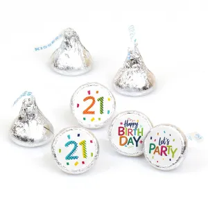 21st Birthday - Cheerful Happy Birthday - Round Candy Labels Colorful Twenty-First Birthday Party Favors - Fits Hershey's Kisses - 108 ct