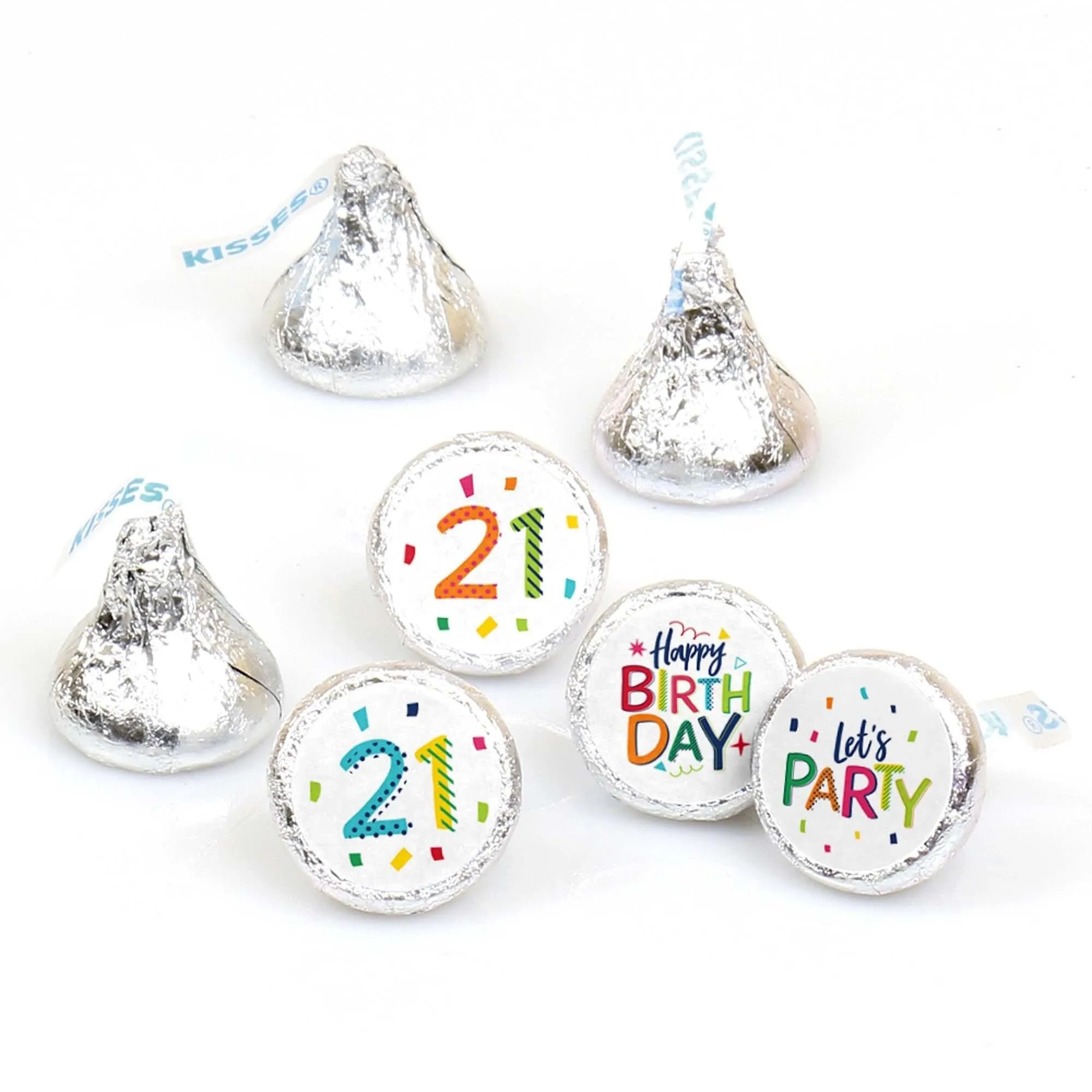 21st Birthday - Cheerful Happy Birthday - Round Candy Labels Colorful Twenty-First Birthday Party Favors - Fits Hershey's Kisses - 108 ct