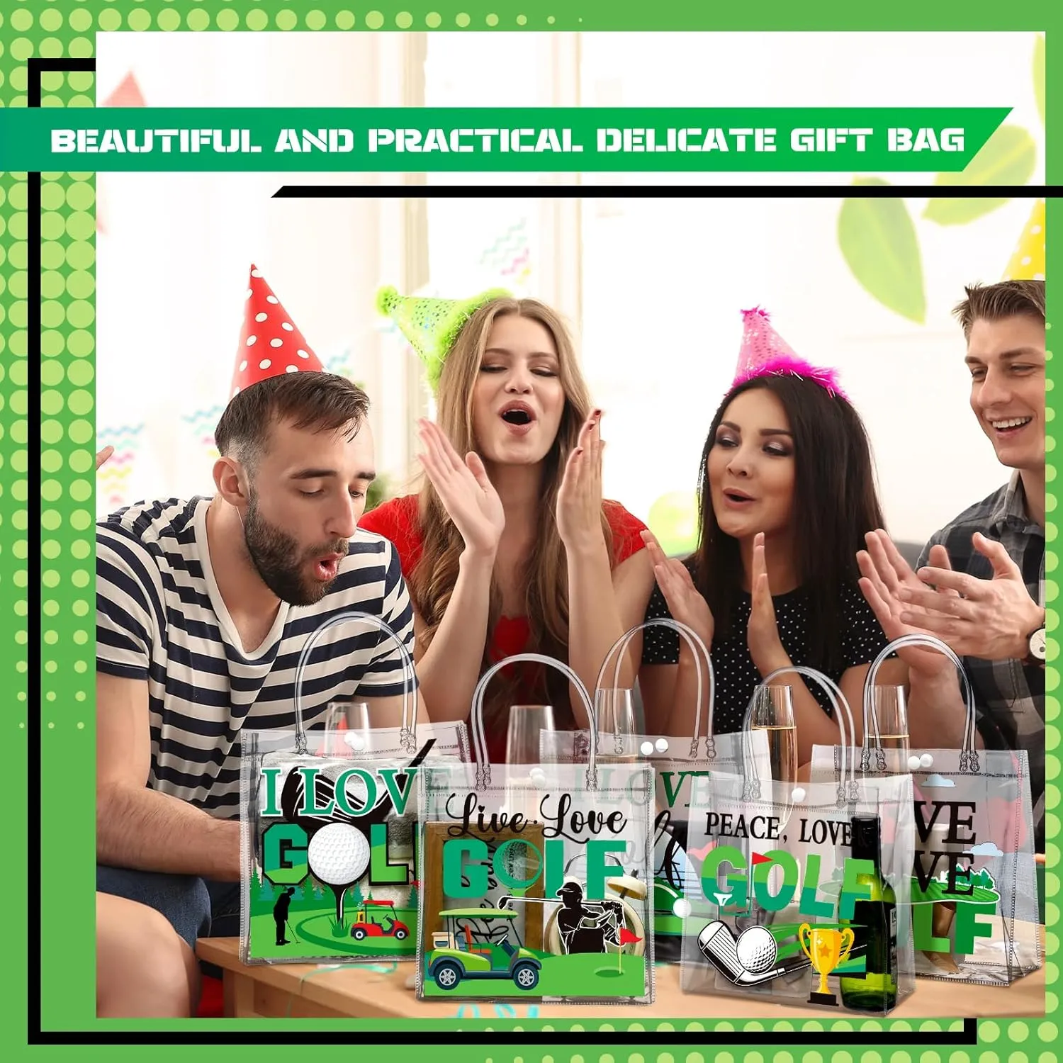 24 Pcs Golf Party Gift Bag Golf PVC Clear Gift Bag with Handle for Sports Party Favors Ball Themed Birthday Goodie Gifts for Team Supplies