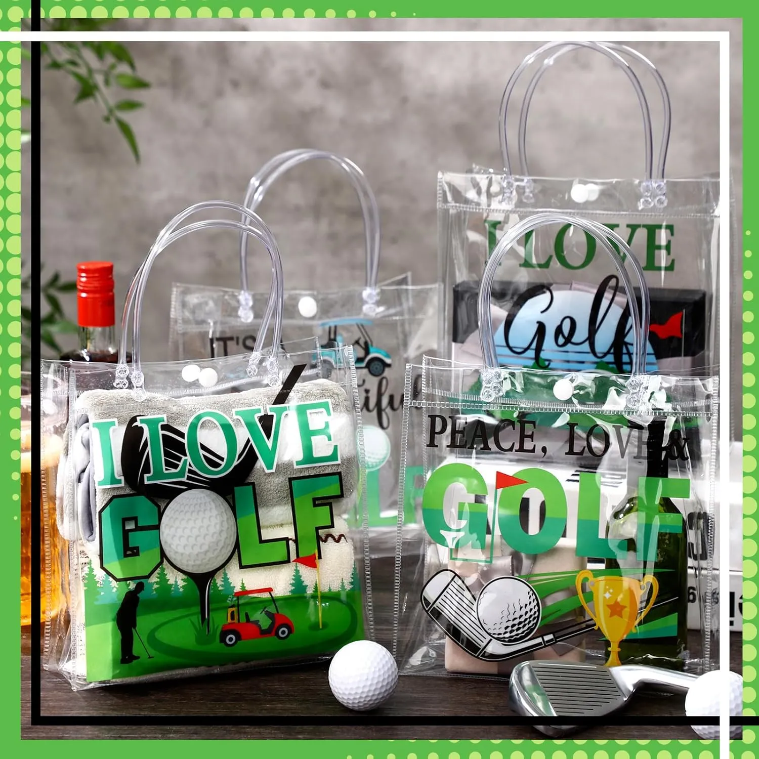 24 Pcs Golf Party Gift Bag Golf PVC Clear Gift Bag with Handle for Sports Party Favors Ball Themed Birthday Goodie Gifts for Team Supplies