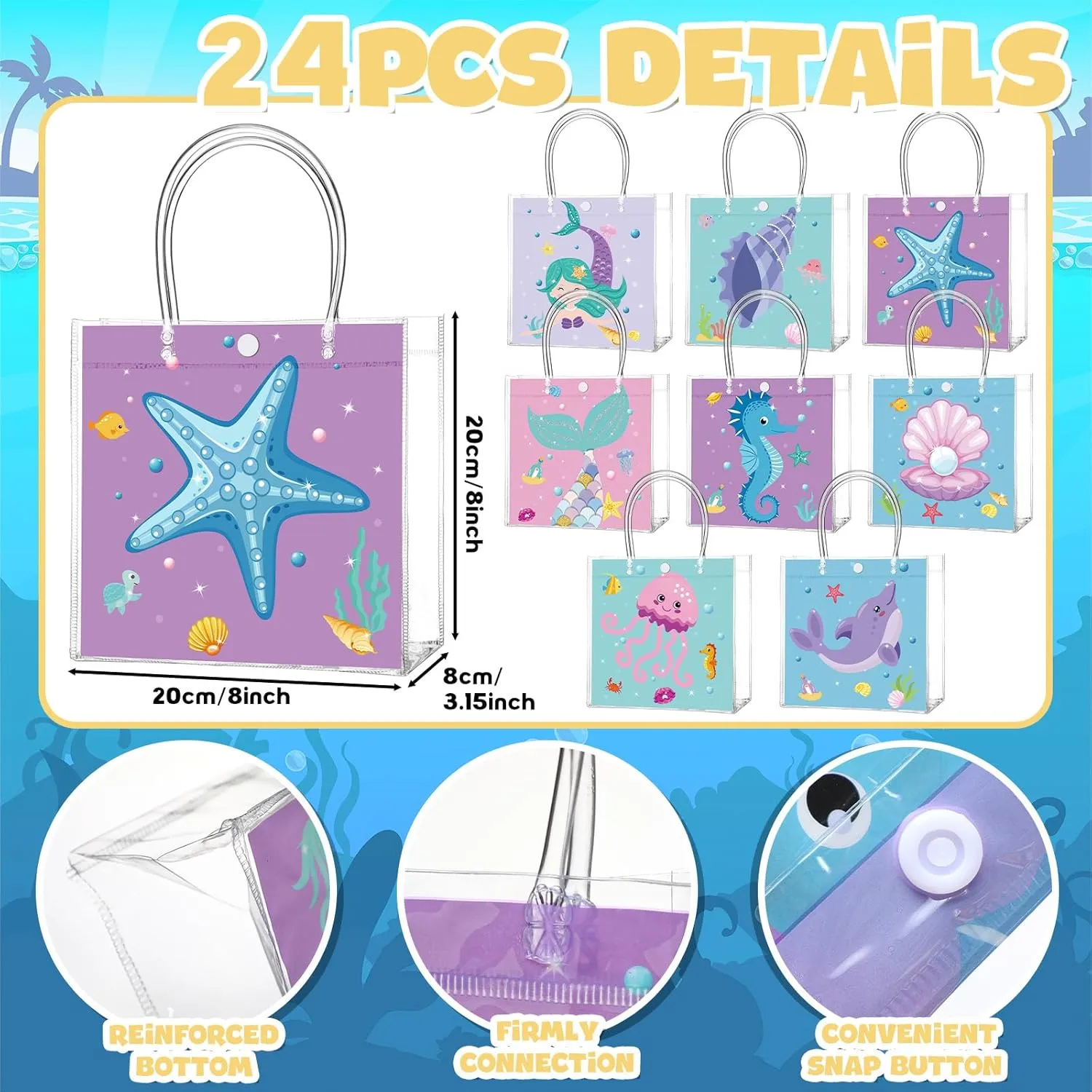 24 Pcs Ocean Party Favor Bags Under the Sea Clear PVC Gift Bags with Handle for Birthday Party Supplies