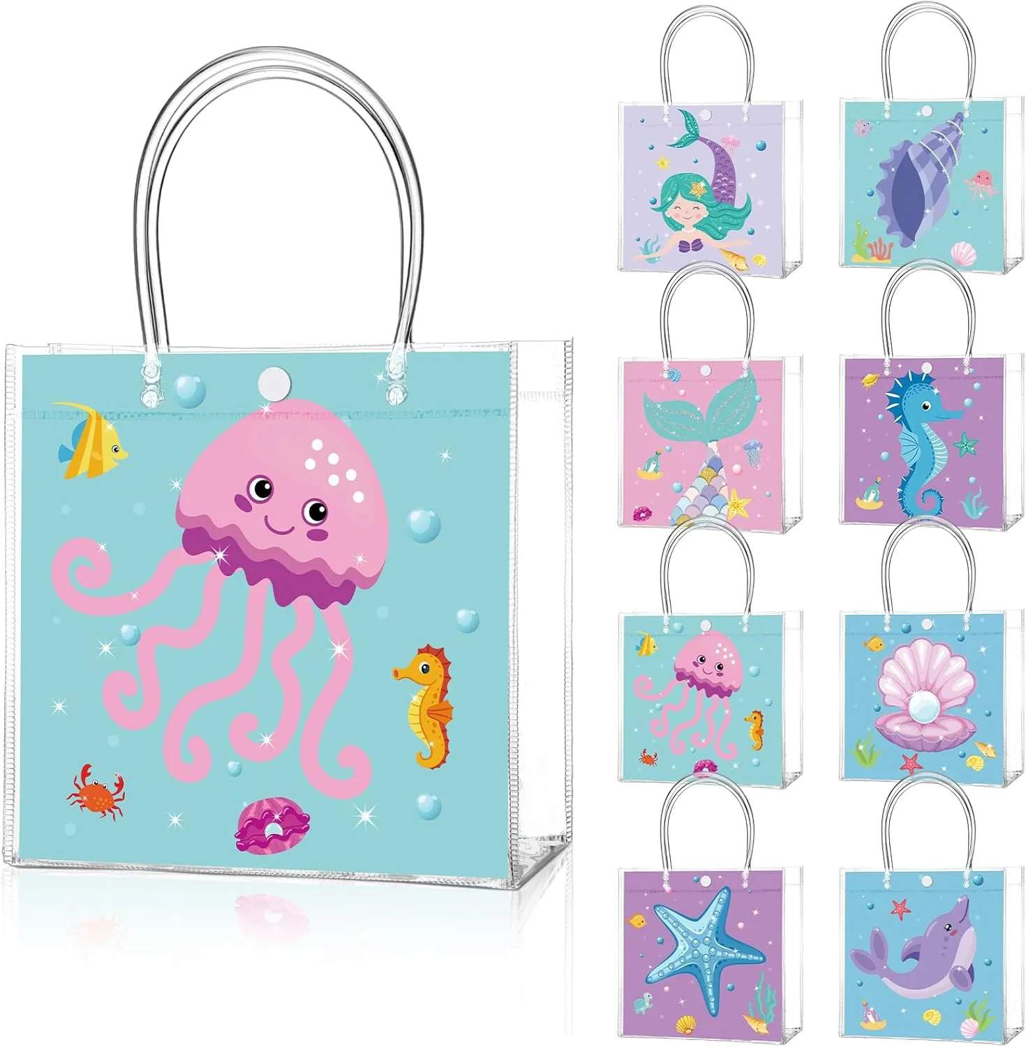 24 Pcs Ocean Party Favor Bags Under the Sea Clear PVC Gift Bags with Handle for Birthday Party Supplies
