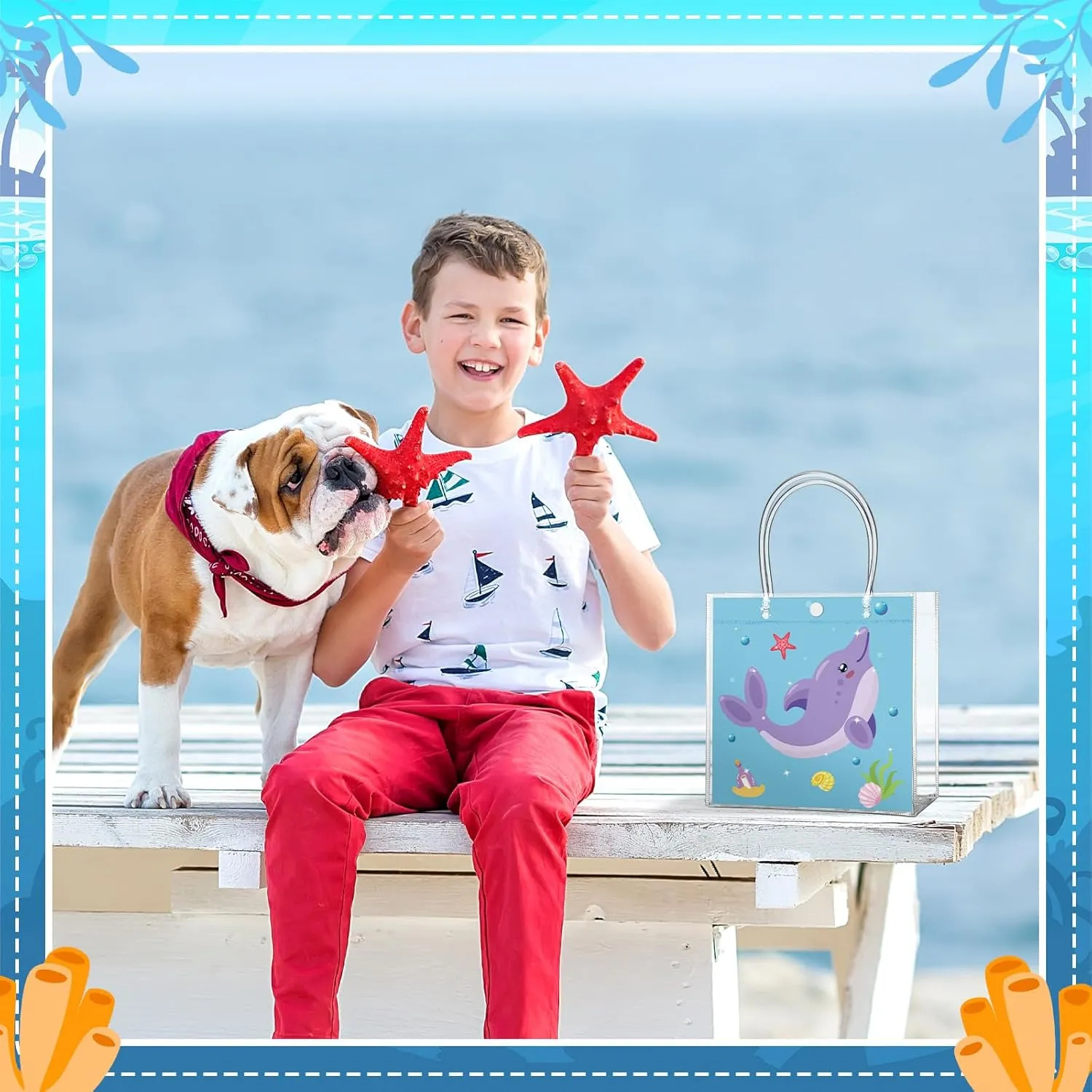 24 Pcs Ocean Party Favor Bags Under the Sea Clear PVC Gift Bags with Handle for Birthday Party Supplies