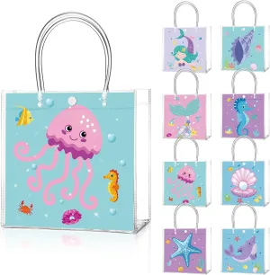 24 Pcs Ocean Party Favor Bags Under the Sea Clear PVC Gift Bags with Handle for Birthday Party Supplies