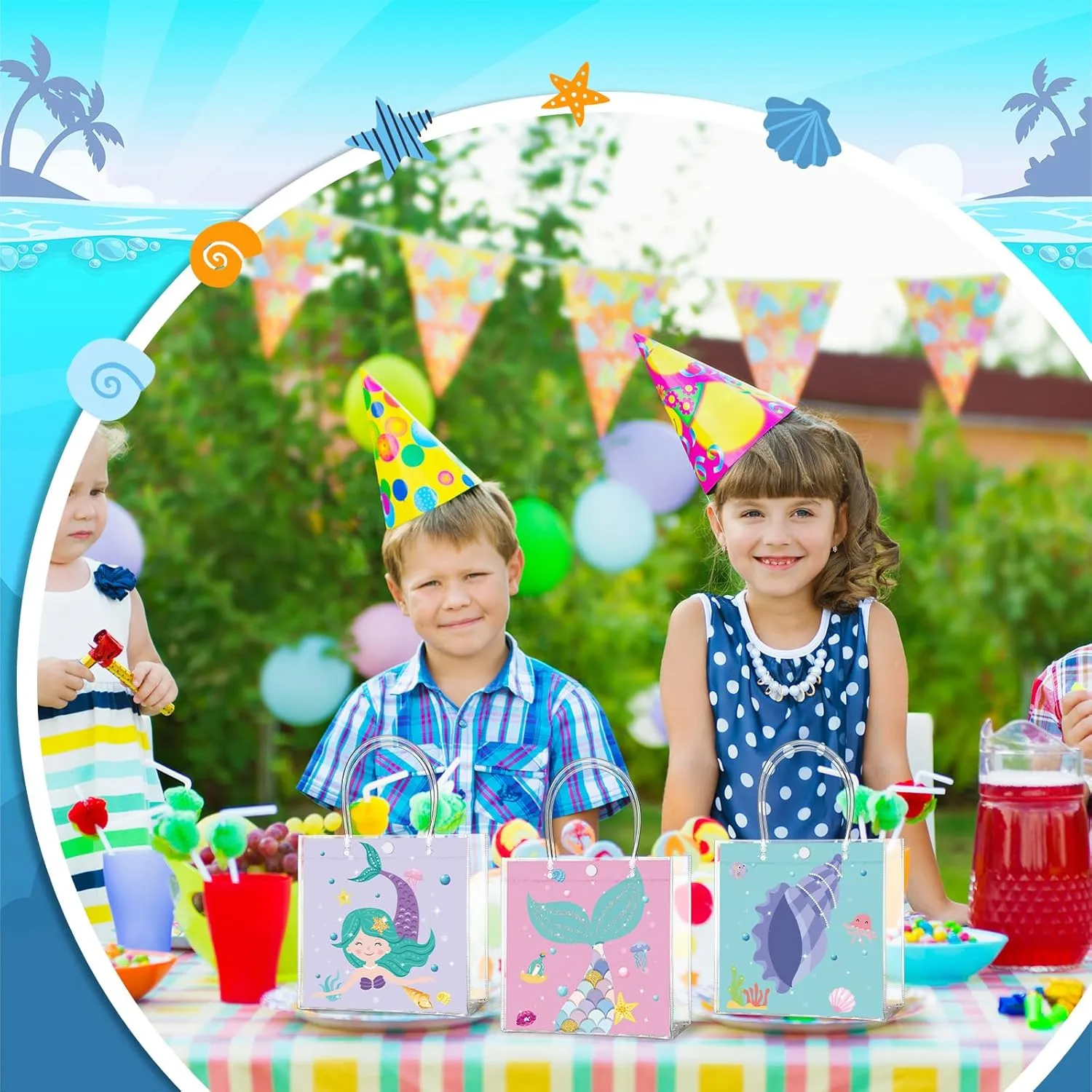 24 Pcs Ocean Party Favor Bags Under the Sea Clear PVC Gift Bags with Handle for Birthday Party Supplies