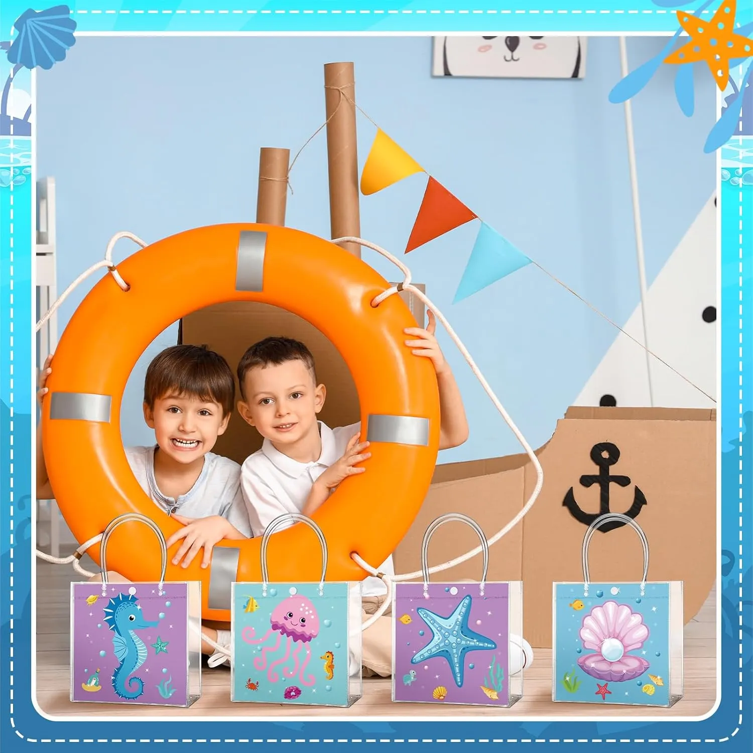 24 Pcs Ocean Party Favor Bags Under the Sea Clear PVC Gift Bags with Handle for Birthday Party Supplies