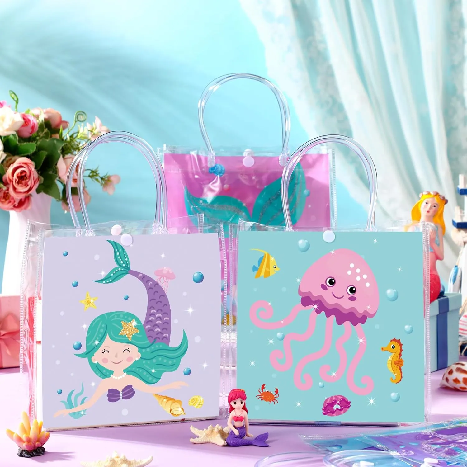 24 Pcs Ocean Party Favor Bags Under the Sea Clear PVC Gift Bags with Handle for Birthday Party Supplies