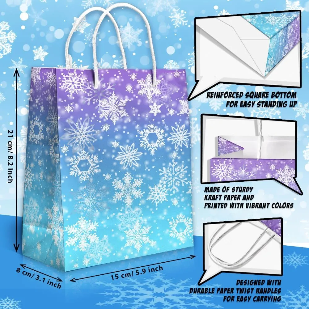 24 Pcs Snowflake Party Favor Bags with Handles - Winter Themed Goodie Gift Candy Kraft Paper Bags for Holiday Birthday Party Supplies Decorations