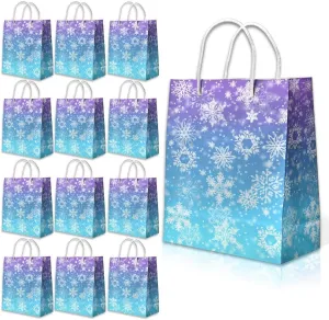 24 Pcs Snowflake Party Favor Bags with Handles - Winter Themed Goodie Gift Candy Kraft Paper Bags for Holiday Birthday Party Supplies Decorations