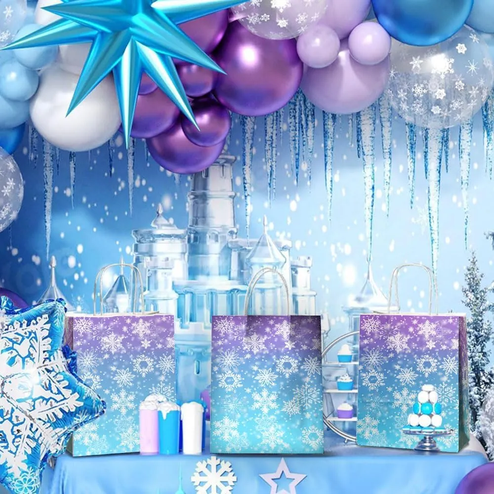 24 Pcs Snowflake Party Favor Bags with Handles - Winter Themed Goodie Gift Candy Kraft Paper Bags for Holiday Birthday Party Supplies Decorations