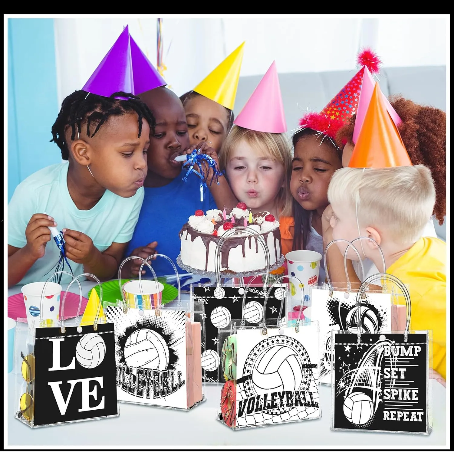 24 Pcs Volleyball Party Favor Bags with Handles Volleyball Clear Treat Goodie Bags Sport Theme Party Favor for Team Snack Birthday Gifts