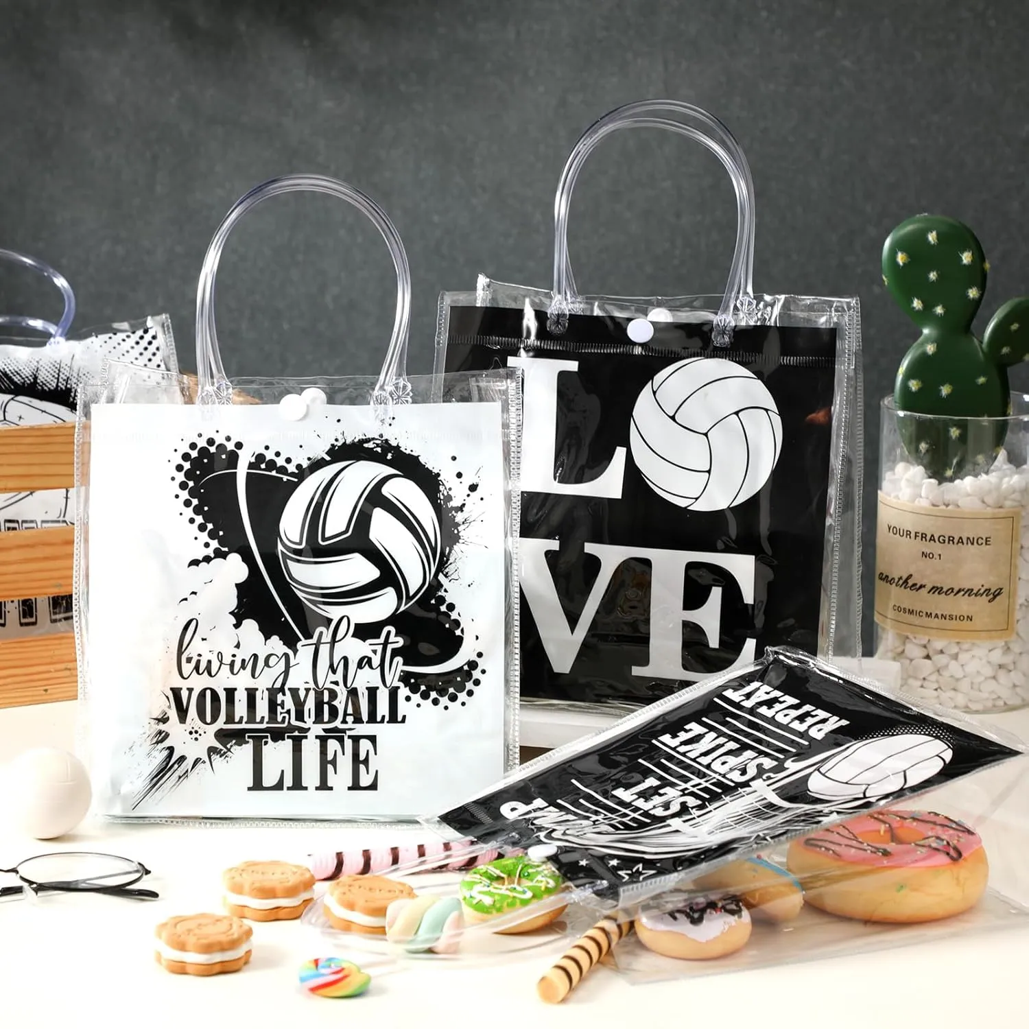 24 Pcs Volleyball Party Favor Bags with Handles Volleyball Clear Treat Goodie Bags Sport Theme Party Favor for Team Snack Birthday Gifts