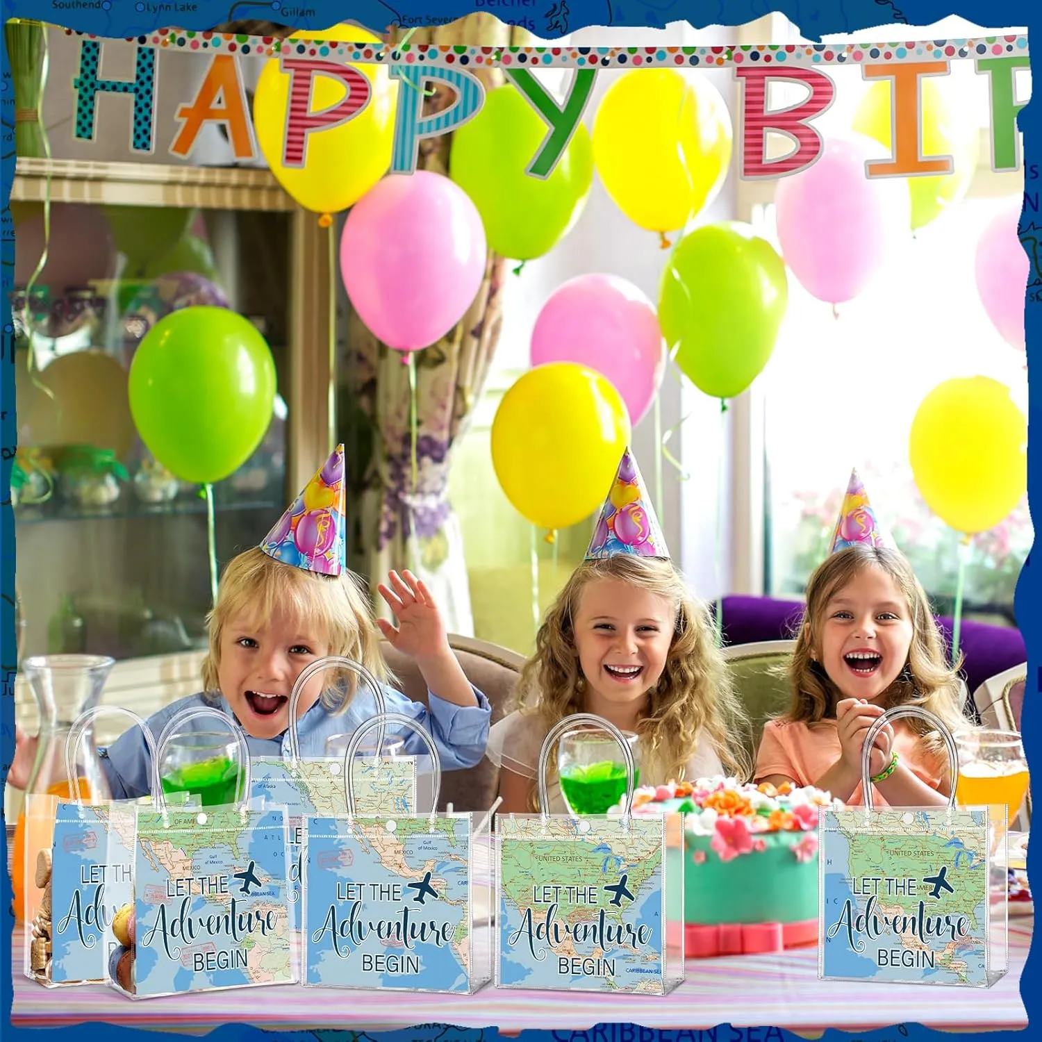 24 Pcs World Map Favor Bags with Handle Travel Clear PVC Goodie Gift Bags Birthday Party Supplies