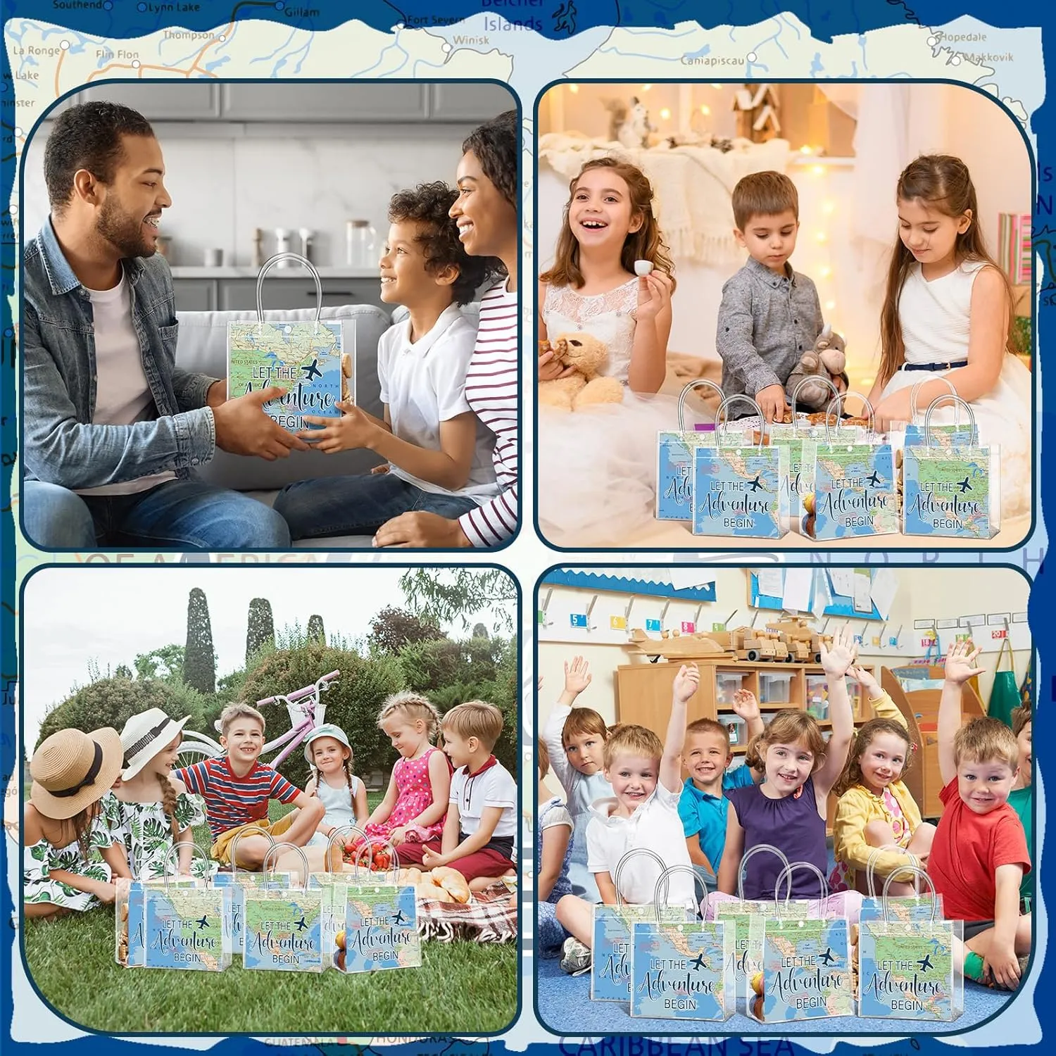 24 Pcs World Map Favor Bags with Handle Travel Clear PVC Goodie Gift Bags Birthday Party Supplies
