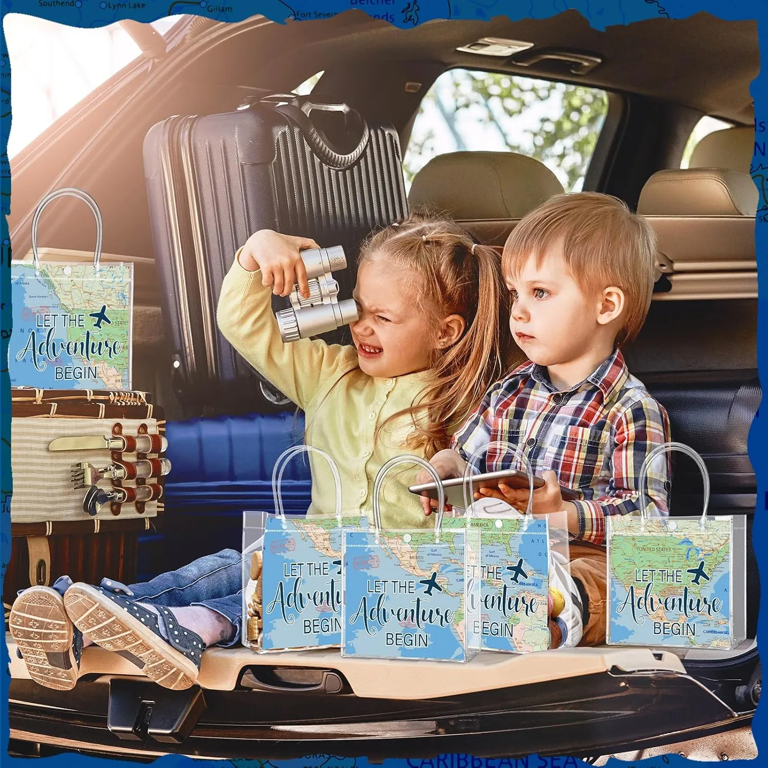 24 Pcs World Map Favor Bags with Handle Travel Clear PVC Goodie Gift Bags Birthday Party Supplies