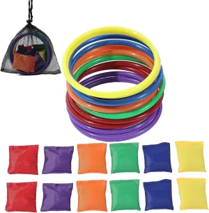 24Pcs Nylon Bean Bags Plastic Rings Game Sets for Kids Ring Toss Game Booth Carnival Garden Backyard Outdoor Games Speed Agility Training Games