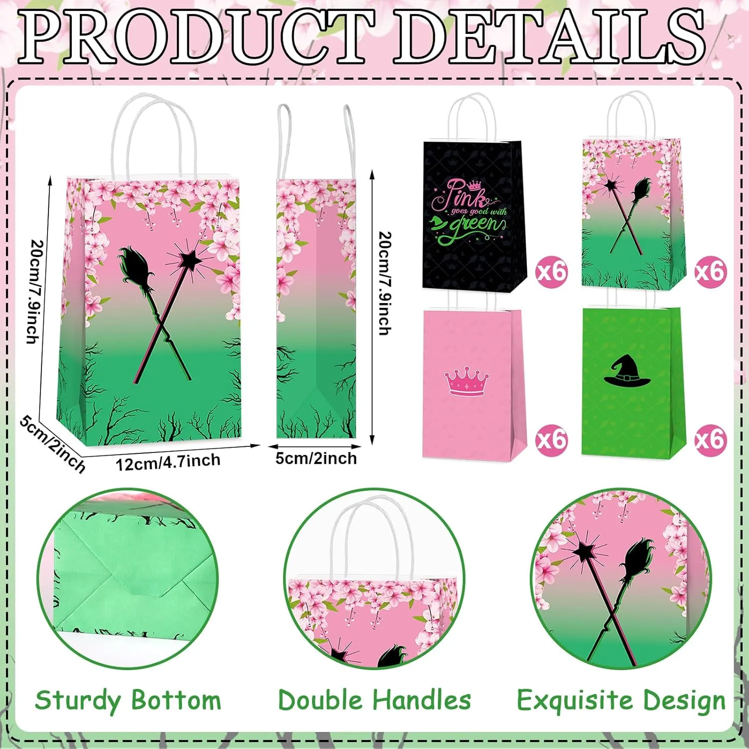 24Pcs Witch Musical Party Favor Bags Green Pink Themed Treat Bags Witch Hat Candy Goodie Bag Pink Princess Crown Paper Gift Bag with Handle for Girl Women Movie Birthday Party Decorations Supplies