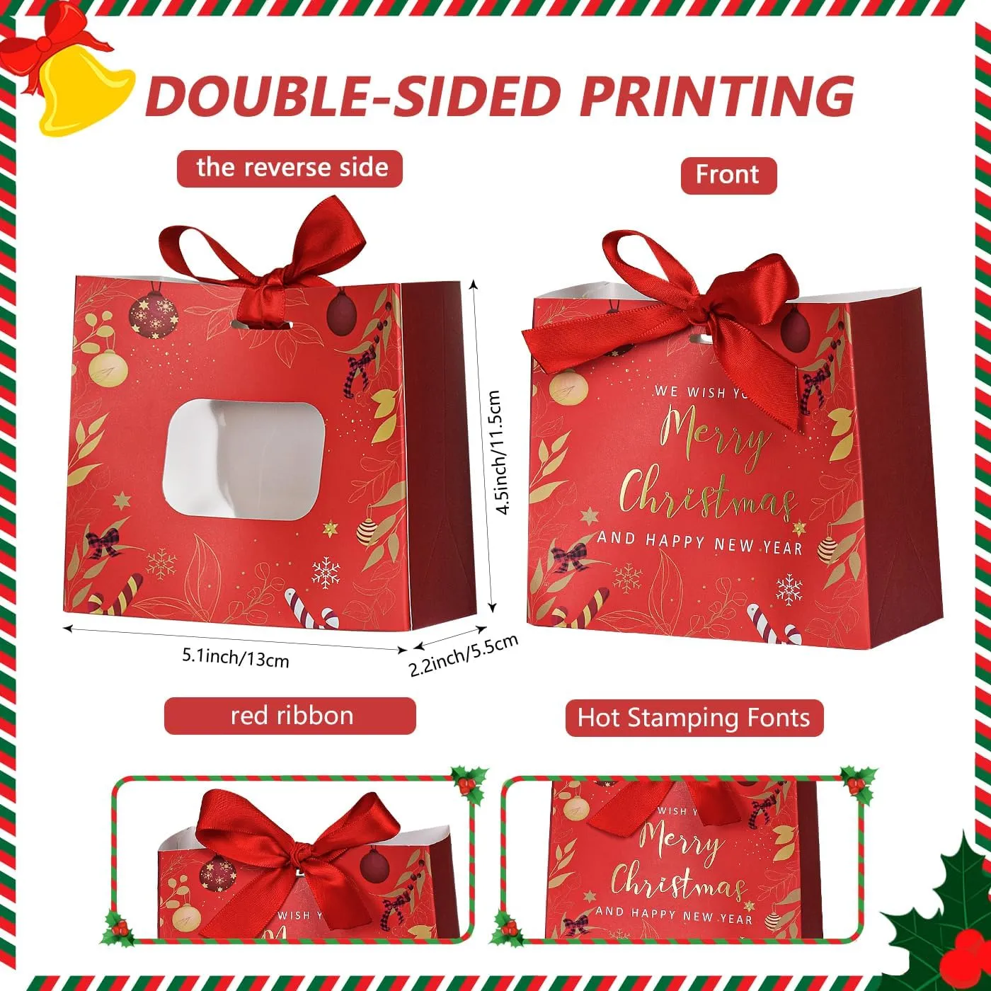 25Pack Mini Christmas Bags, 5.1 * 4.5 * 2.2 Inches, Mix Color Xmas Gift Bags with Ribbon