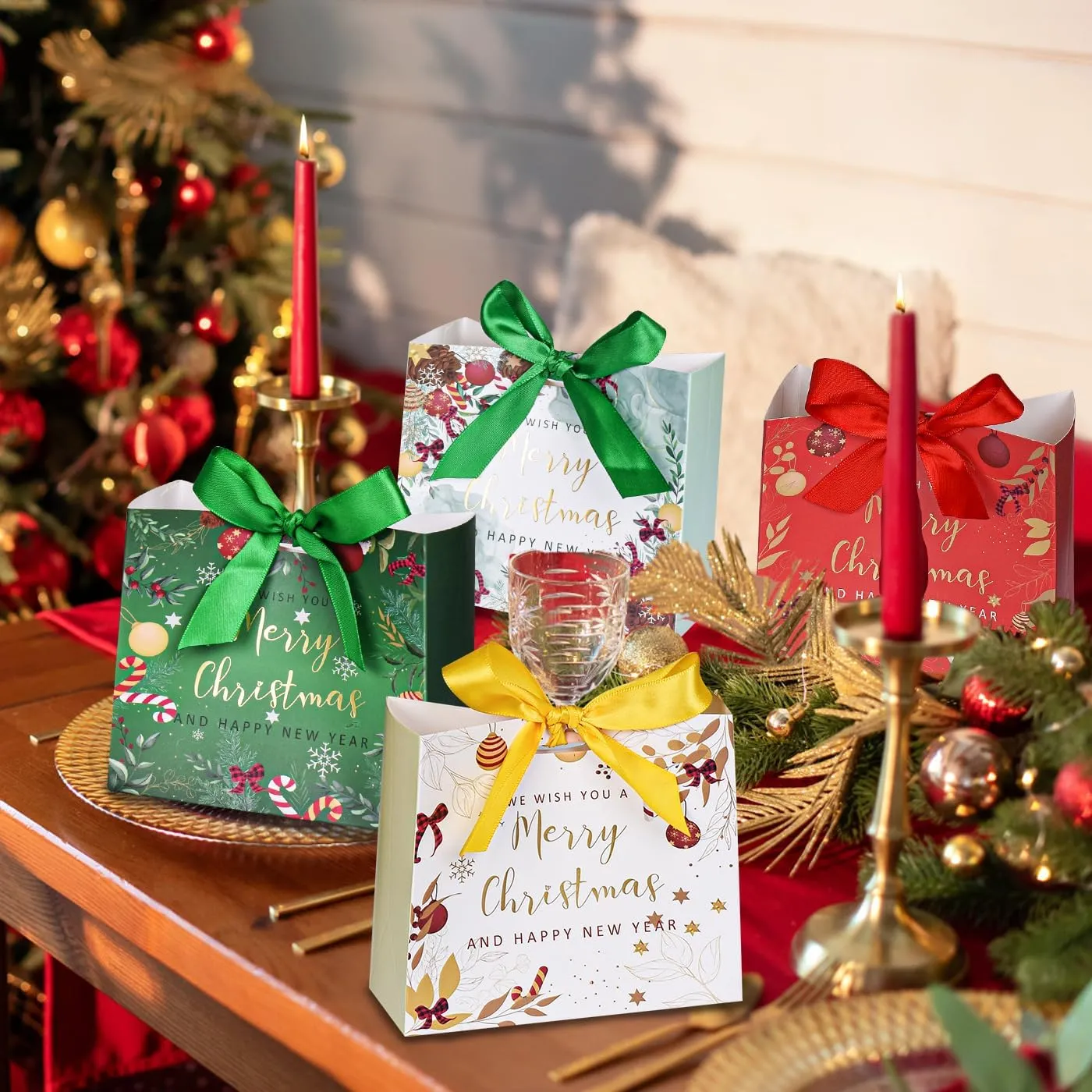 25Pack Mini Christmas Bags, 5.1 * 4.5 * 2.2 Inches, Mix Color Xmas Gift Bags with Ribbon