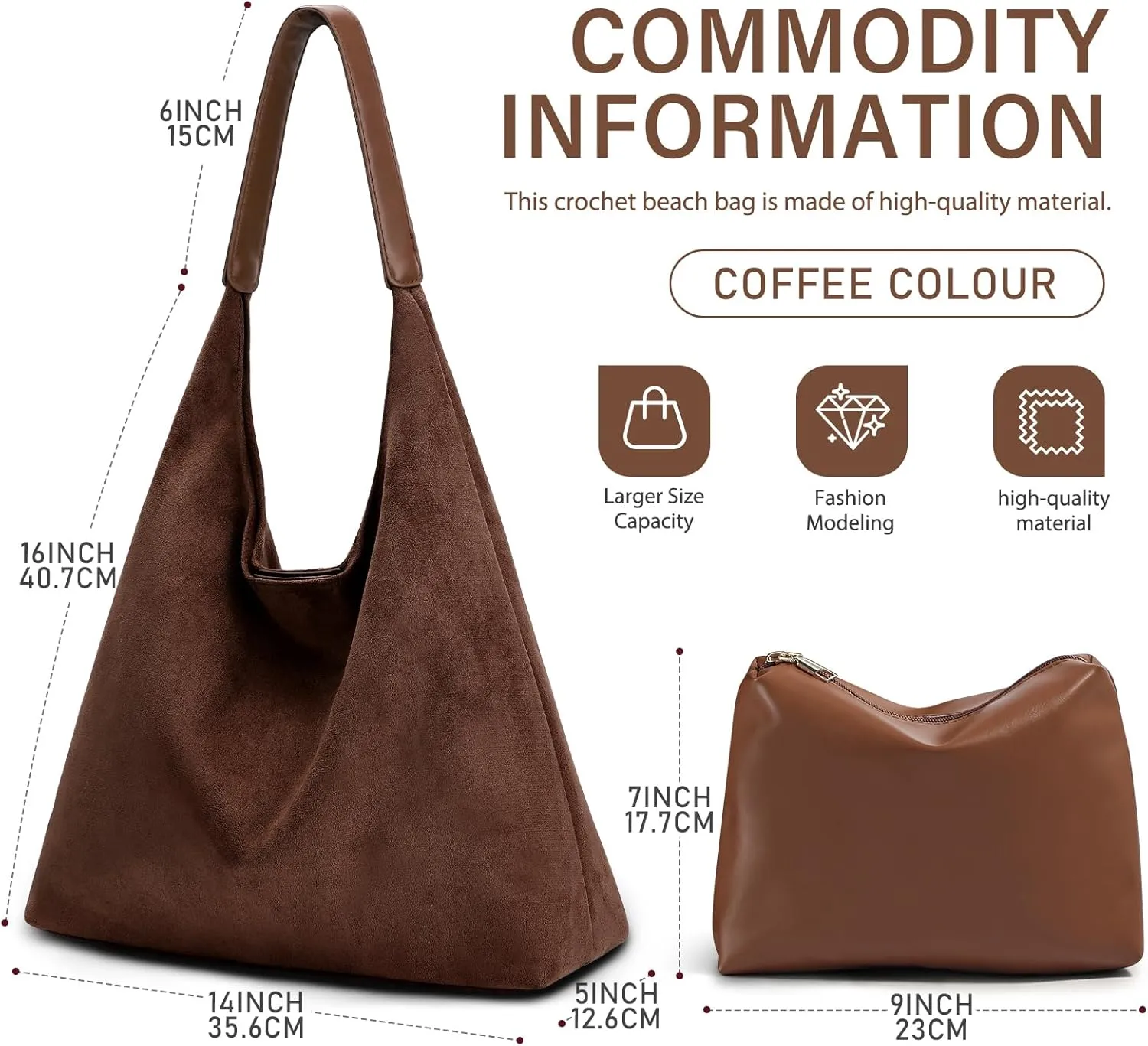 2PCS Suede Bag and Leather Purse Hobo Bags for Women Shoulder Bag Slouchy Bag Suede Tote Bag for Women Vegan