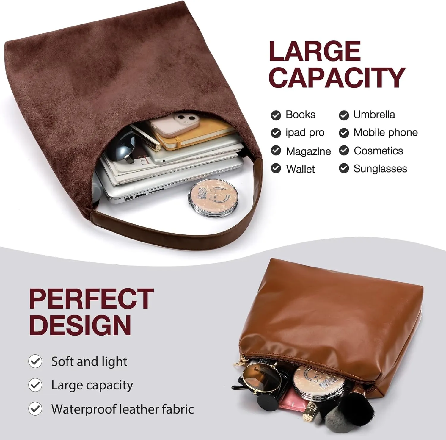 2PCS Suede Bag and Leather Purse Hobo Bags for Women Shoulder Bag Slouchy Bag Suede Tote Bag for Women Vegan