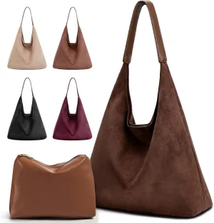 2PCS Suede Bag and Leather Purse Hobo Bags for Women Shoulder Bag Slouchy Bag Suede Tote Bag for Women Vegan