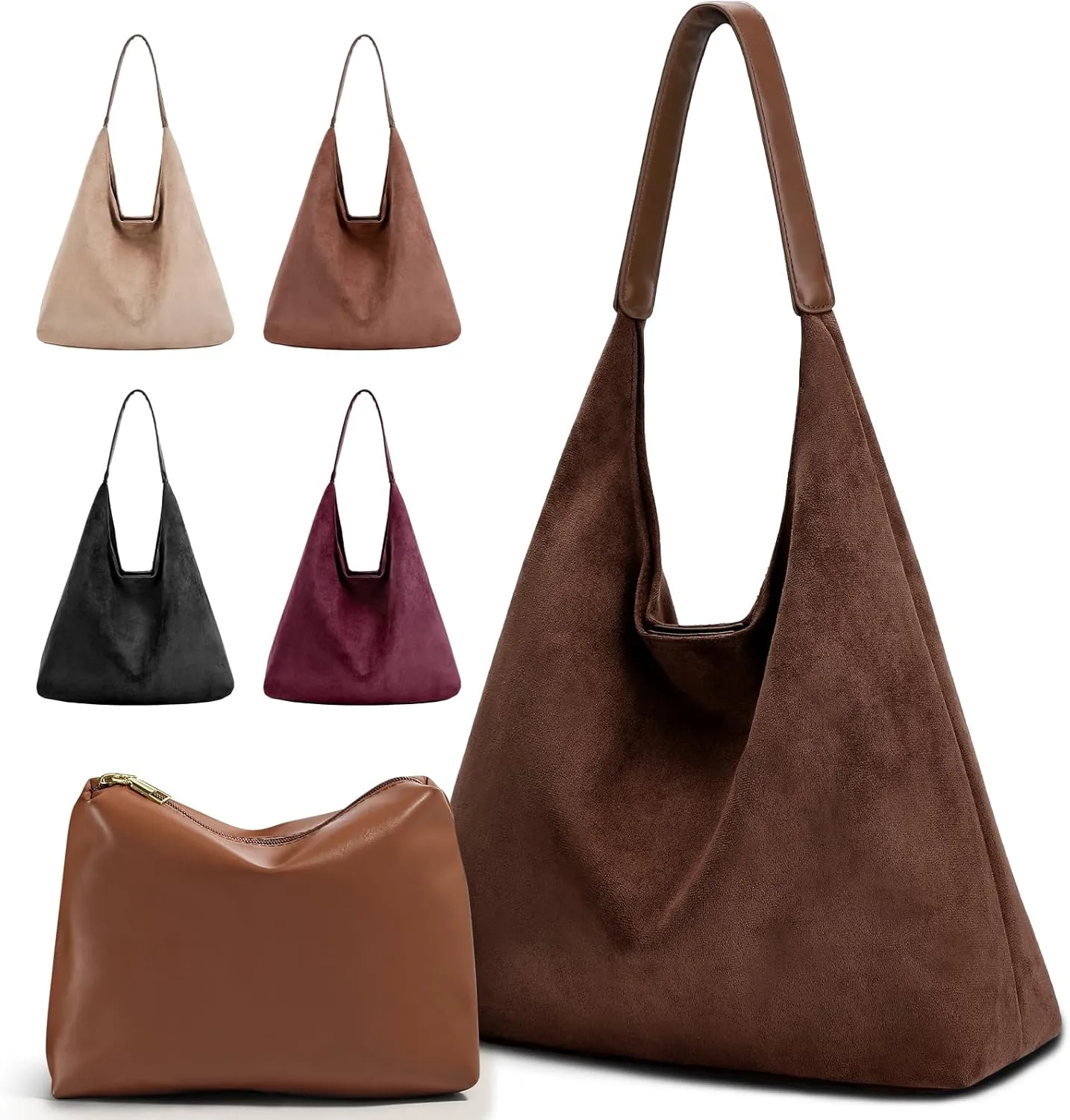 2PCS Suede Bag and Leather Purse Hobo Bags for Women Shoulder Bag Slouchy Bag Suede Tote Bag for Women Vegan