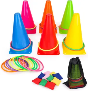 3 in 1 Carnival Games Set, Soft Plastic Cones Cornhole Bean Bags Ring Toss Games for Carnival Kids Birthday Party Indoor Outdoor Games Supplies