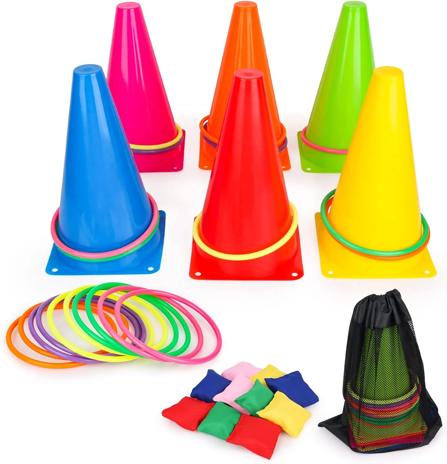 3 in 1 Carnival Games Set, Soft Plastic Cones Cornhole Bean Bags Ring Toss Games for Carnival Kids Birthday Party Indoor Outdoor Games Supplies