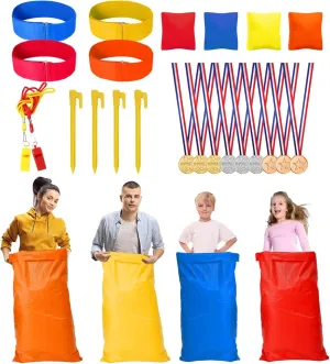 31pcs Potato Sack Race Bags Set, with 3-Legged Race Bands Bean Bags Medals Whistles, Tent Nails for Family Gatherings, Birthday Parties, School Outside Sports Games