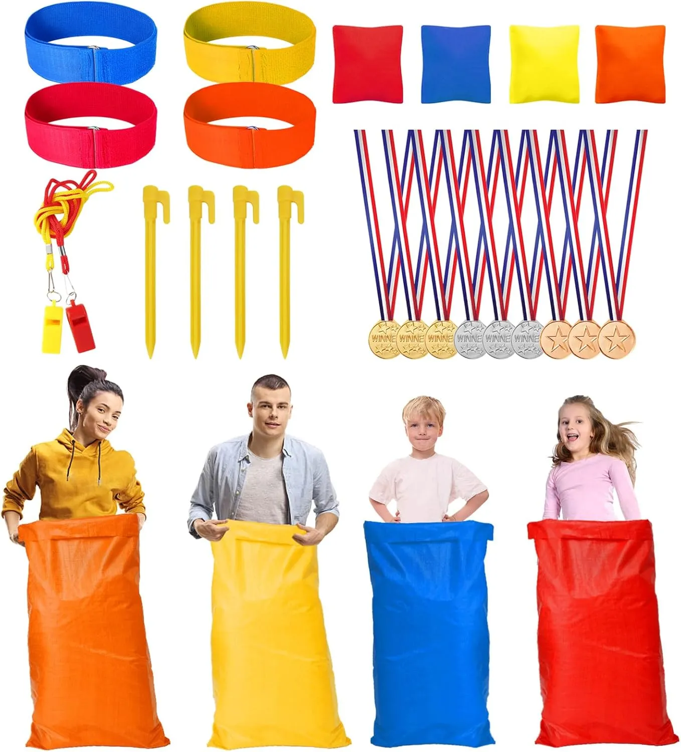 31pcs Potato Sack Race Bags Set, with 3-Legged Race Bands Bean Bags Medals Whistles, Tent Nails for Family Gatherings, Birthday Parties, School Outside Sports Games