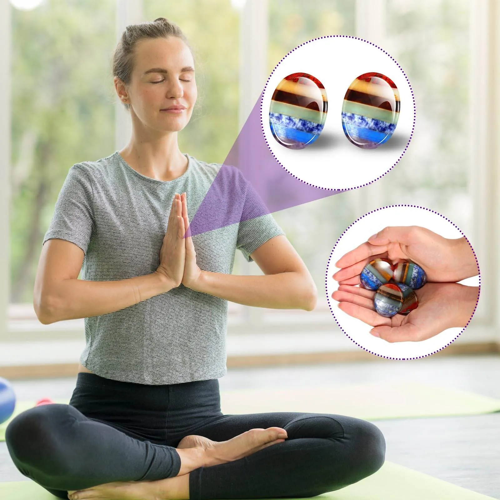 4 Pcs Thumb Worry Stone for Anxiety Chakra Stones Chakras Crystals Pink Crystal Amethyst Tiger Eye Green Aventurine Quartz Obsidian Anxiety Stone for Stress Meditation(Chakra Crystal)