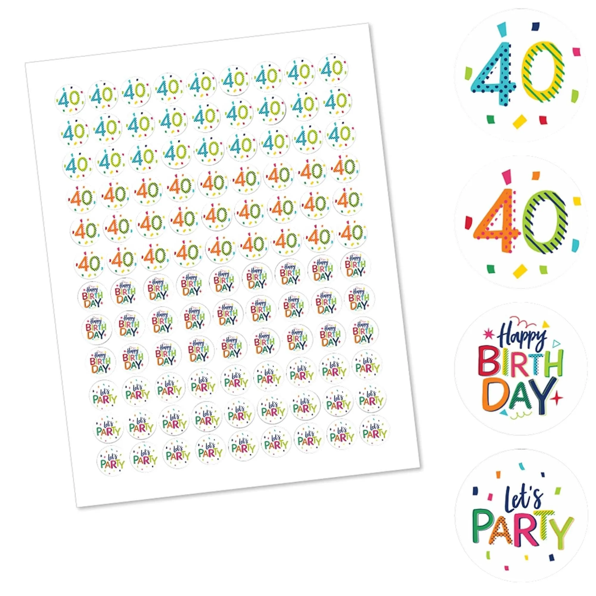 40th Birthday - Cheerful Happy Birthday - Round Candy Labels Colorful Fortieth Birthday Party Favors - Fits Hershey's Kisses - 108 ct