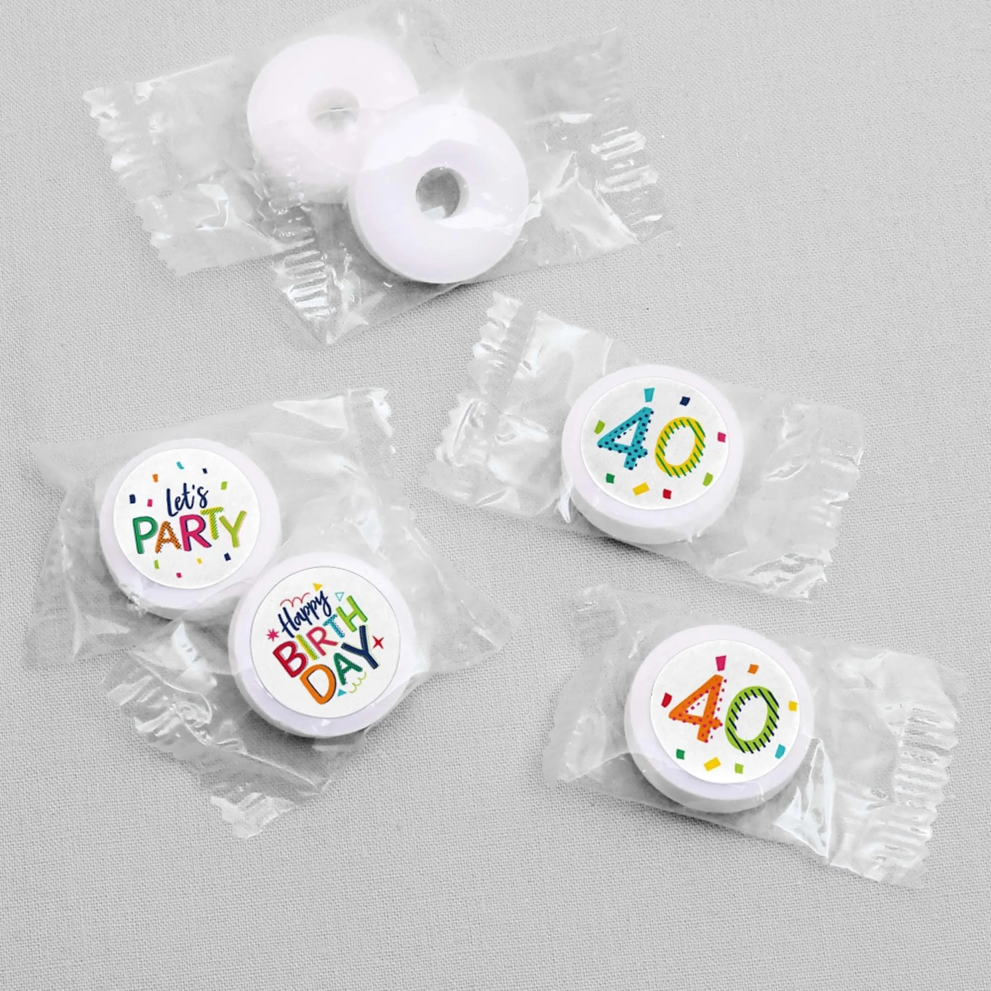40th Birthday - Cheerful Happy Birthday - Round Candy Labels Colorful Fortieth Birthday Party Favors - Fits Hershey's Kisses - 108 ct